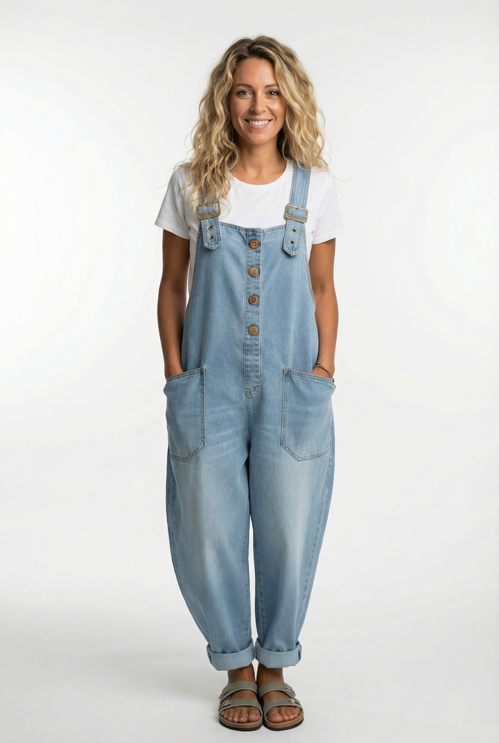 Women's Casual Denim Jumpsuit Wide Leg Adjustable Strap