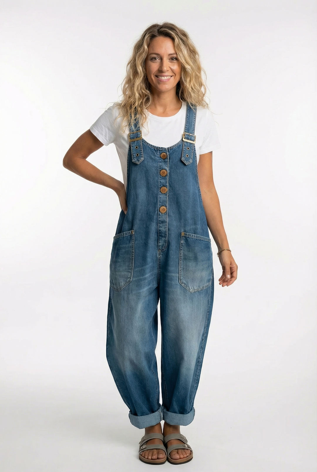 Women's Casual Denim Jumpsuit Wide Leg Adjustable Strap