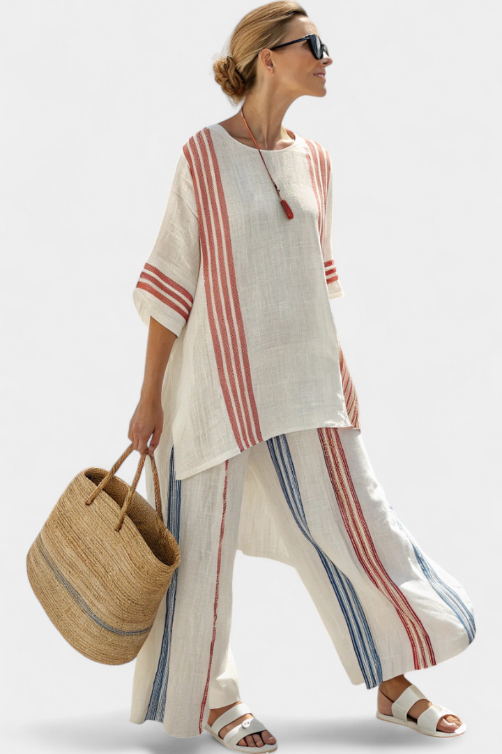 Veronica – sophisticated multicolored striped top and Mediterranean pants