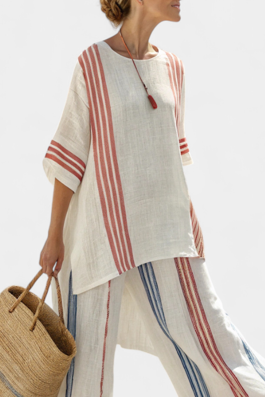 Veronica – sophisticated multicolored striped top and Mediterranean pants