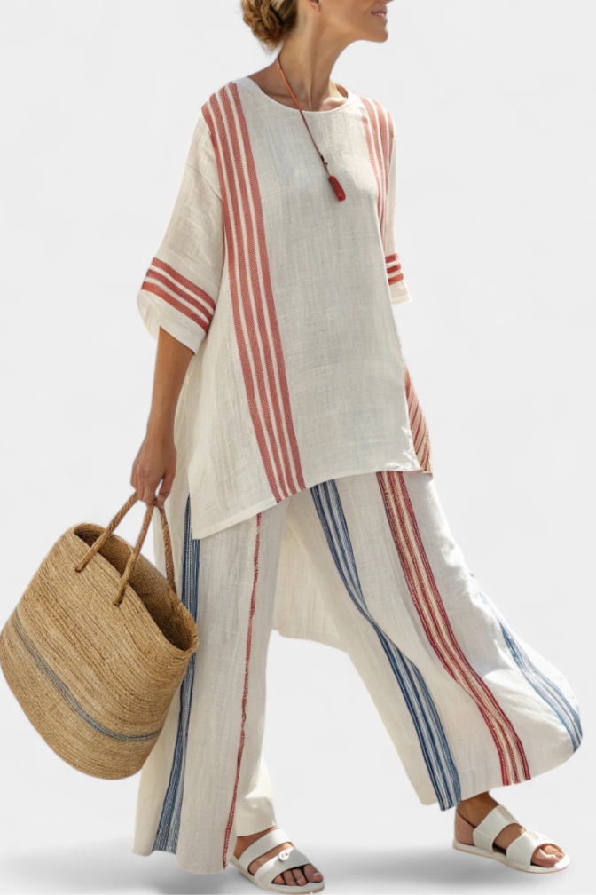 Veronica – sophisticated multicolored striped top and Mediterranean pants