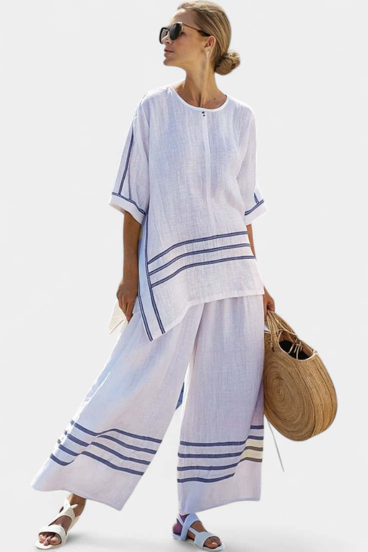 Veronica – sophisticated striped asymmetric top and bold pants