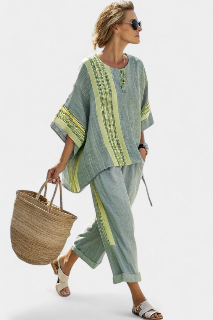 Veronica – elegant lavender top and mustard striped pants