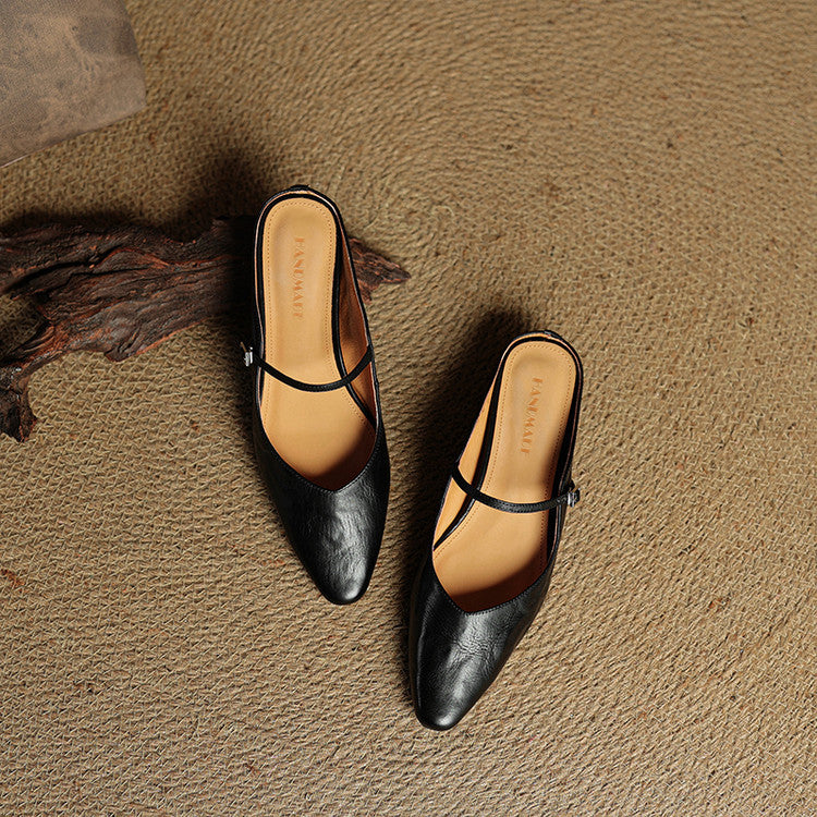 Women's Leather Pointed Toe Slip-On Mule Flats Strap
