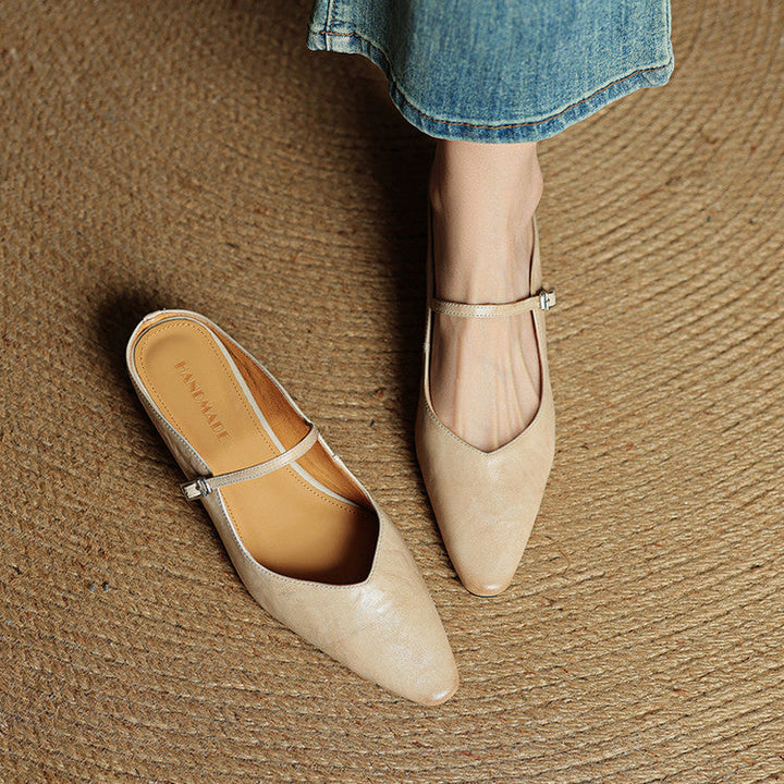 Women's Leather Pointed Toe Slip-On Mule Flats Strap