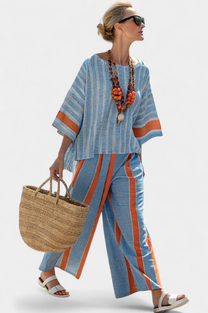 Veronica – sophisticated terracotta striped top and linen pants