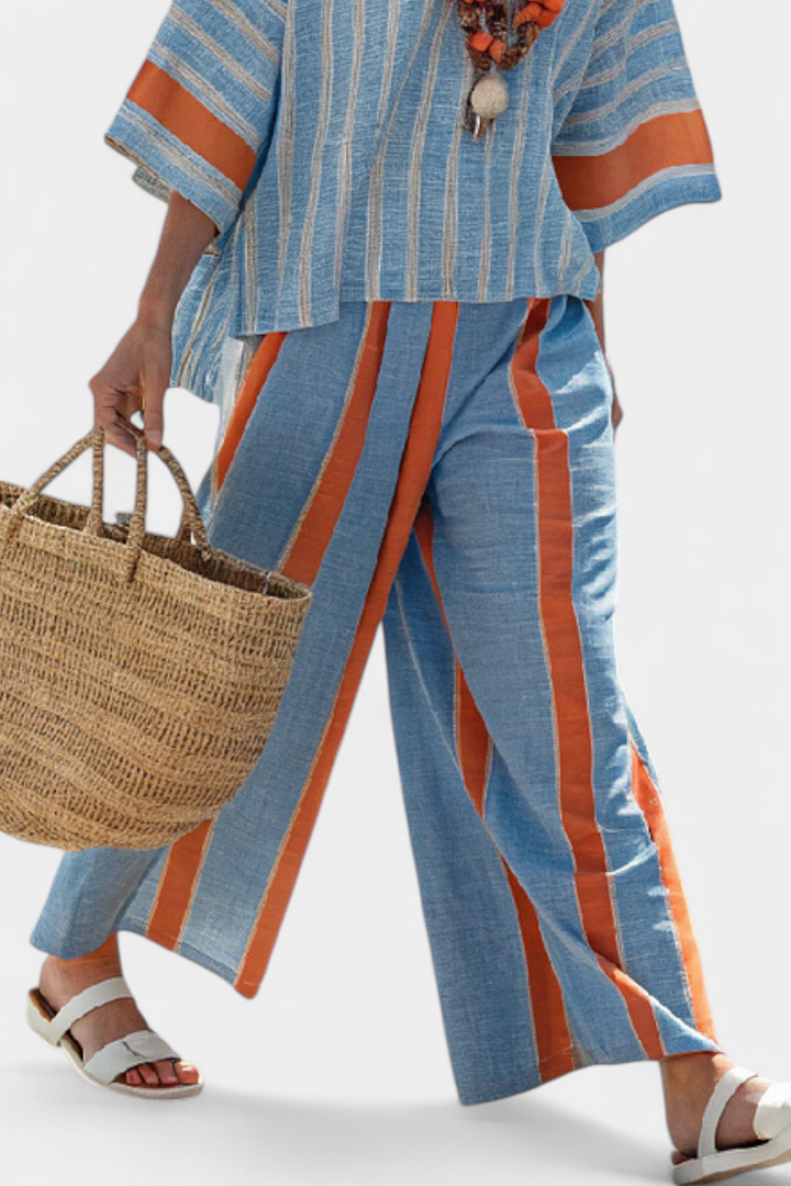Veronica – sophisticated terracotta striped top and linen pants