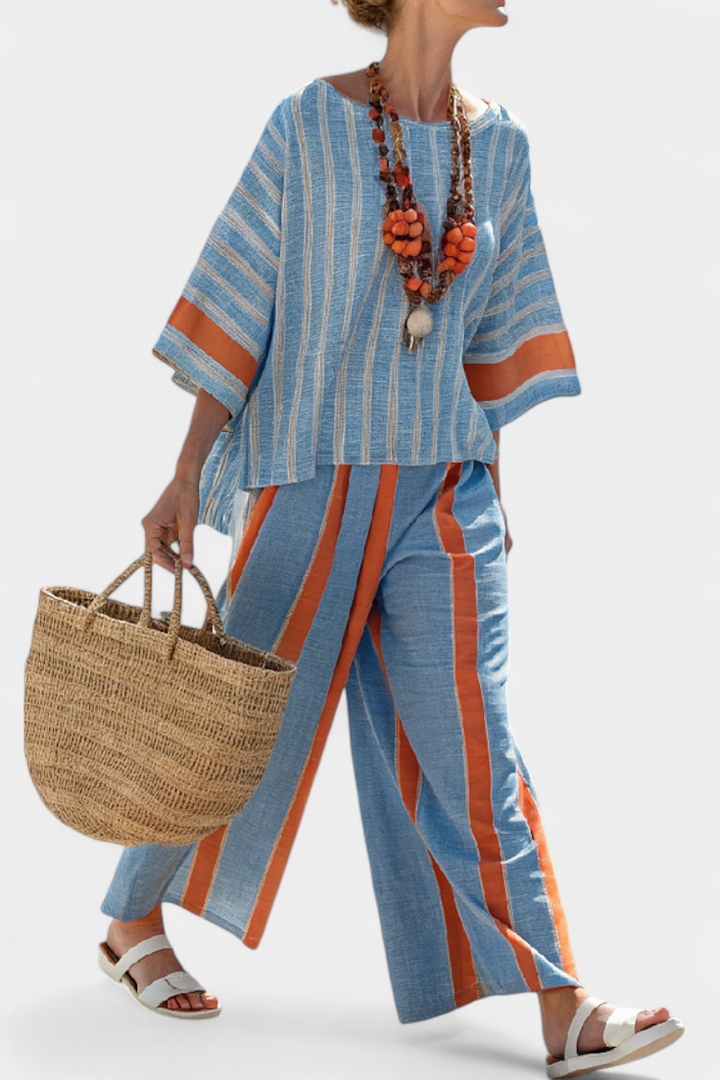Veronica – sophisticated terracotta striped top and linen pants