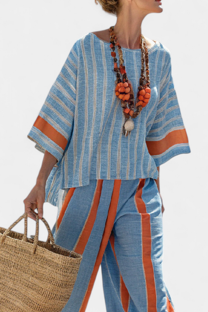 Veronica – sophisticated terracotta striped top and linen pants