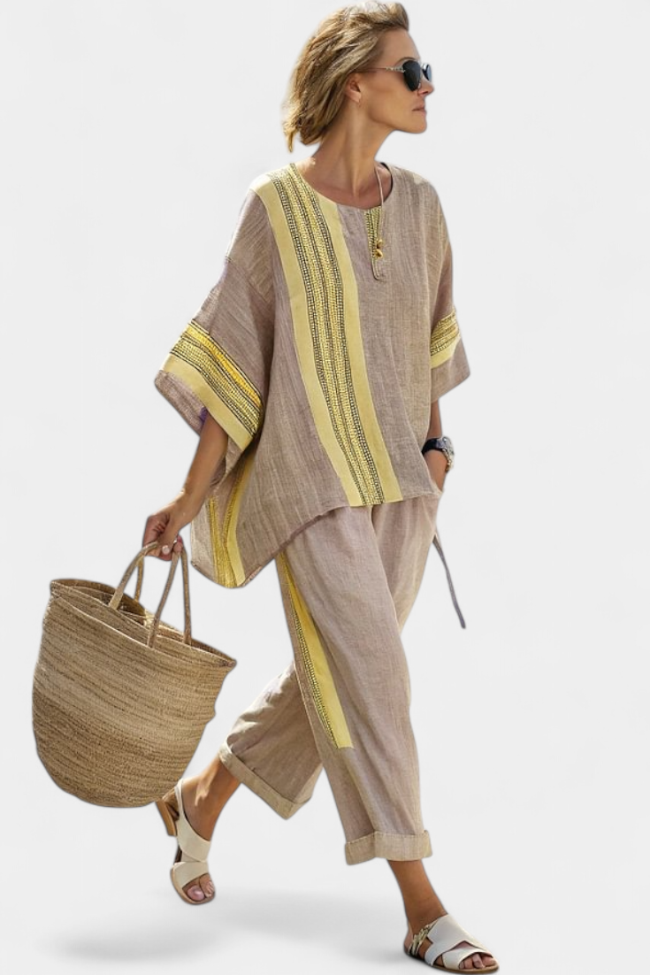 Veronica – elegant lavender top and mustard striped pants
