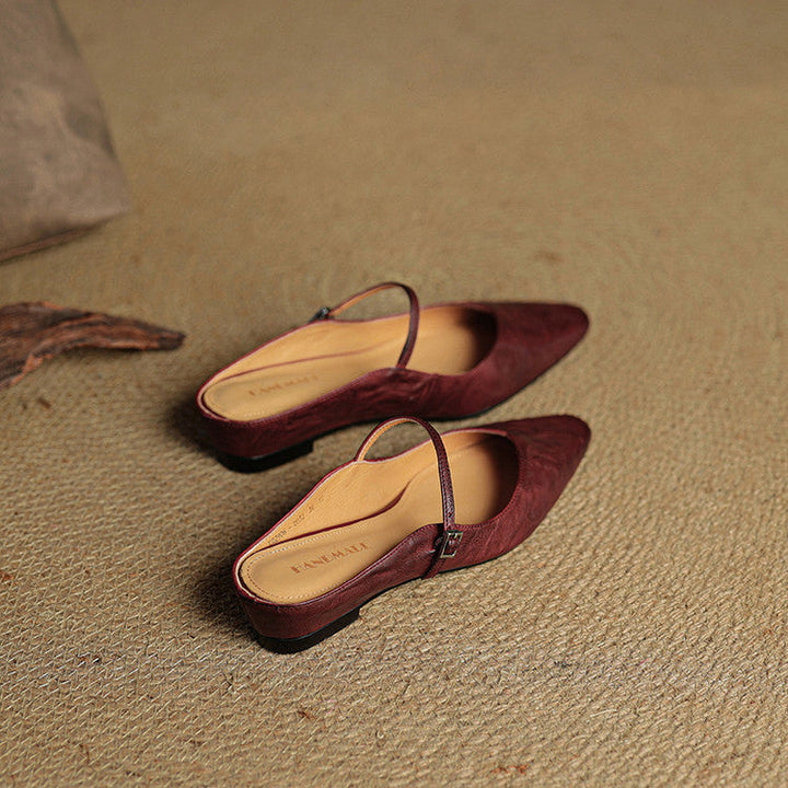 Women's Leather Pointed Toe Slip-On Mule Flats Strap