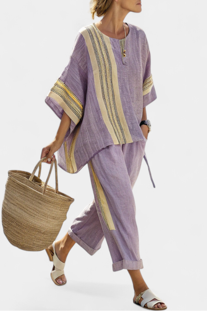 Veronica – elegant lavender top and mustard striped pants