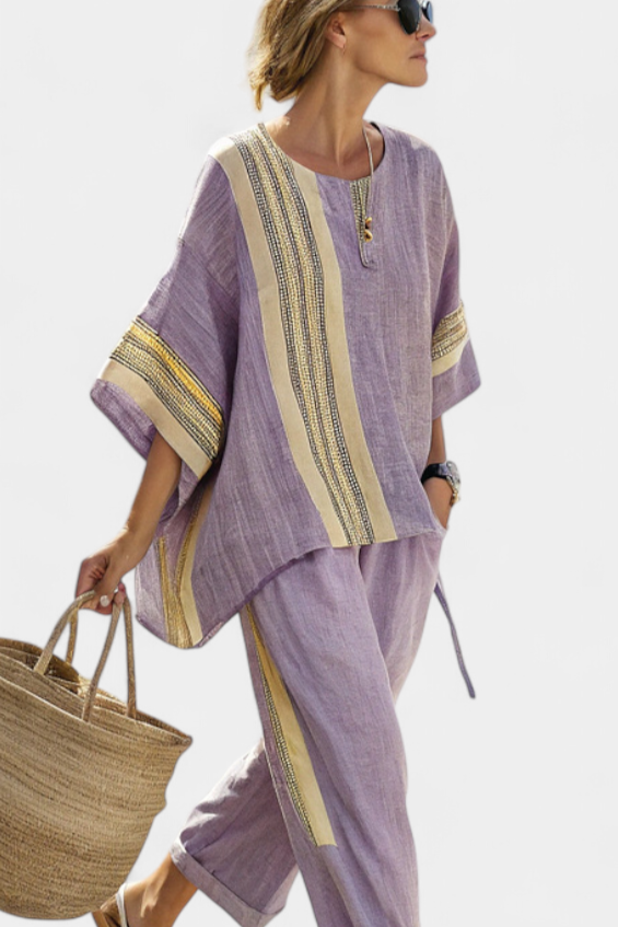 Veronica – elegant lavender top and mustard striped pants