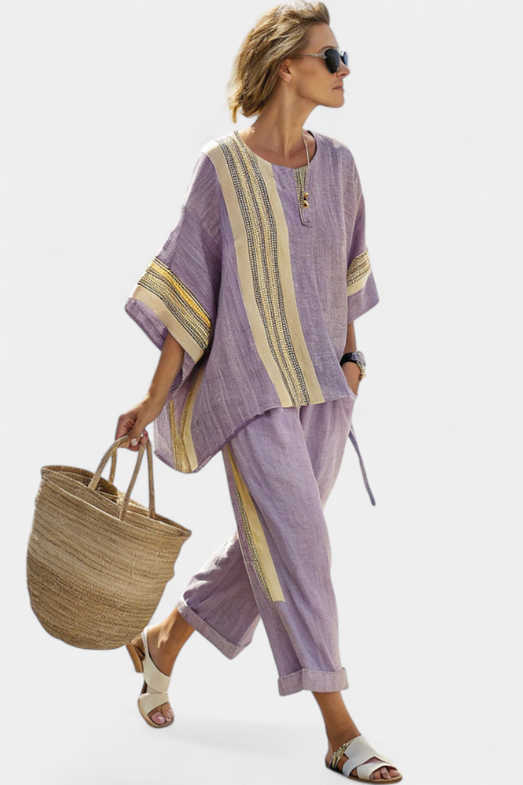 Veronica – elegant lavender top and mustard striped pants