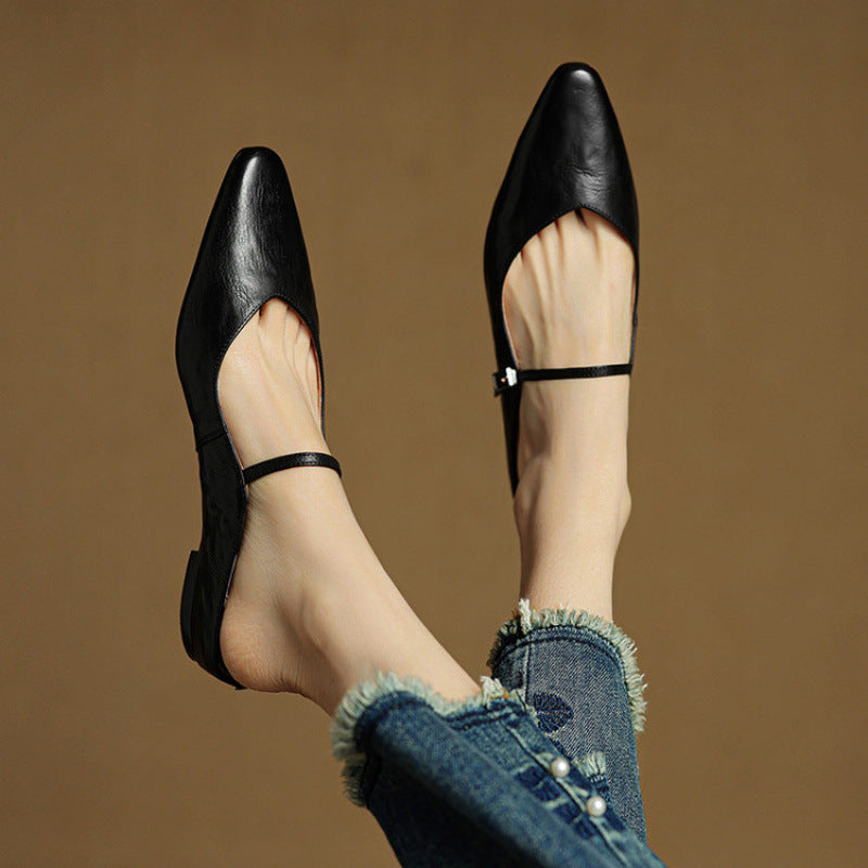 Women's Leather Pointed Toe Slip-On Mule Flats Strap
