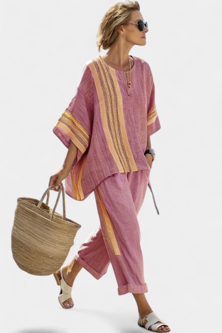 Veronica – elegant lavender top and mustard striped pants