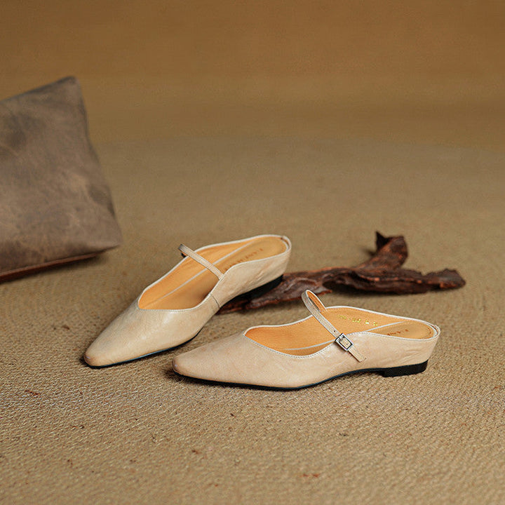 Women's Leather Pointed Toe Slip-On Mule Flats Strap