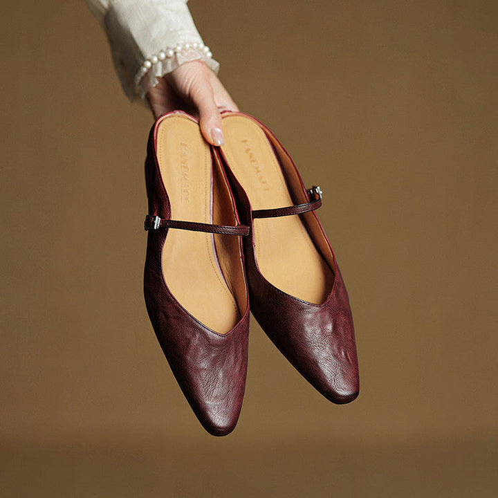 Women's Leather Pointed Toe Slip-On Mule Flats Strap