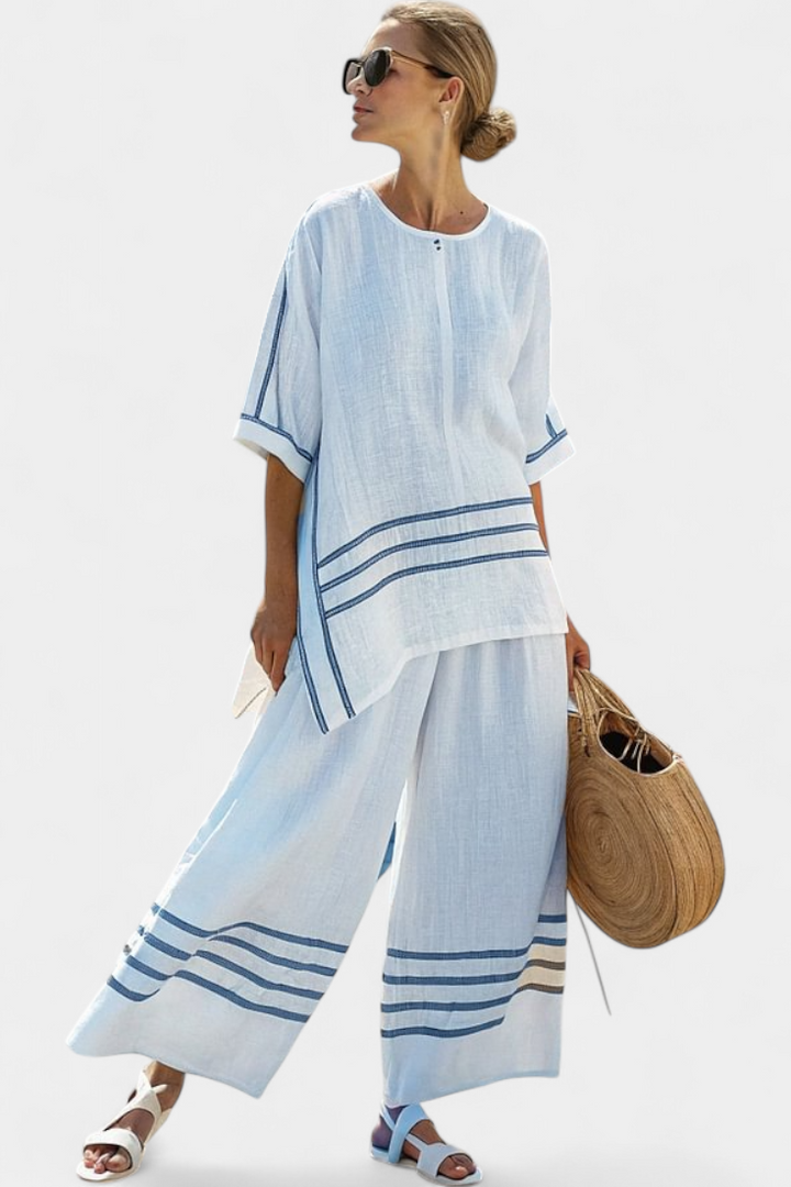 Veronica – sophisticated striped asymmetric top and bold pants