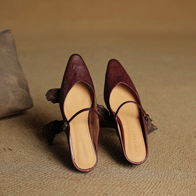 Women's Leather Pointed Toe Slip-On Mule Flats Strap