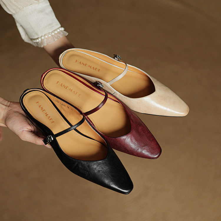 Women's Leather Pointed Toe Slip-On Mule Flats Strap