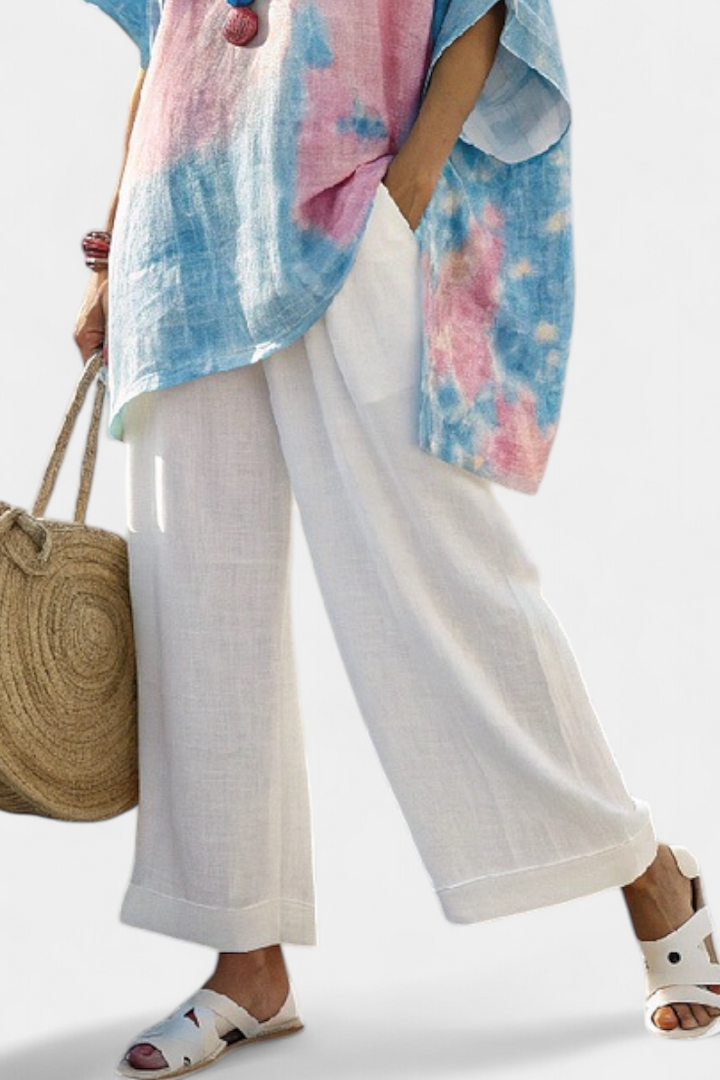 Veronica – comfortable essential linen top and bamboo striped pants