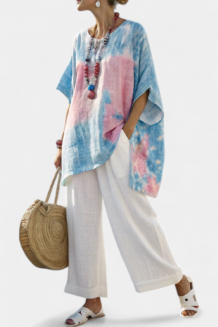 Veronica – comfortable essential linen top and bamboo striped pants