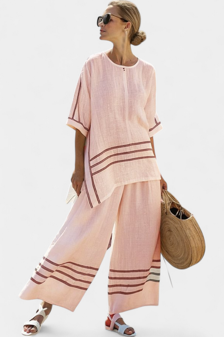 Veronica – sophisticated striped asymmetric top and bold pants