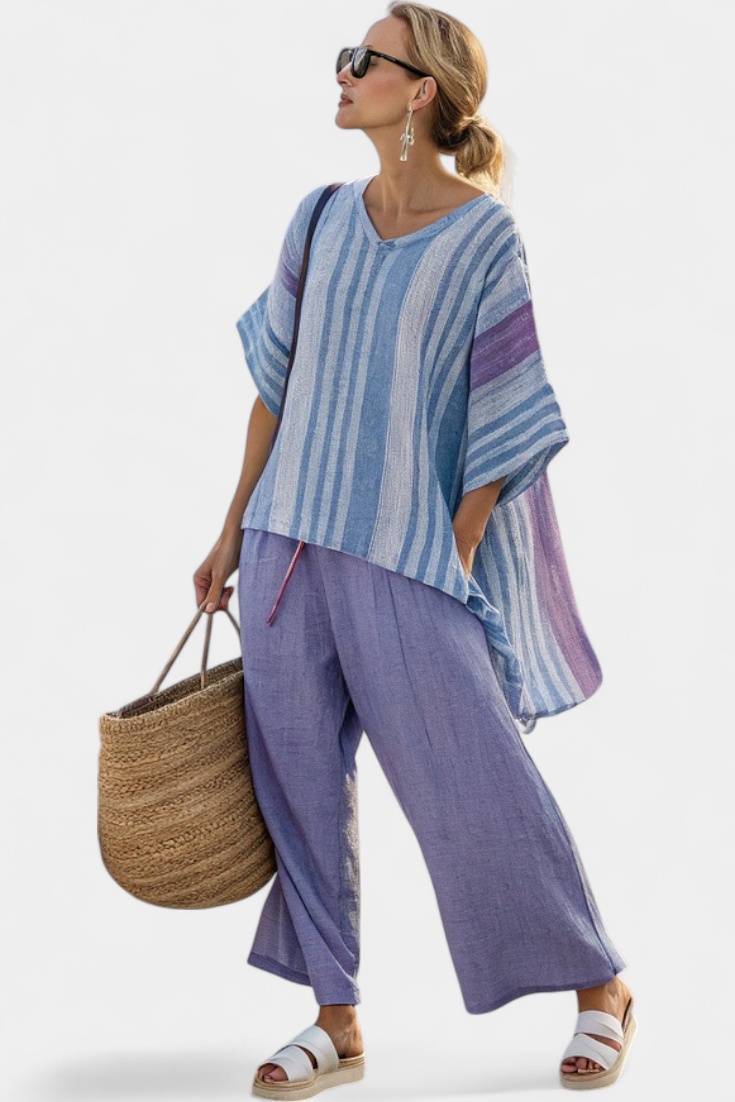 Veronica – elegant top in lavender and sky blue with linen pants