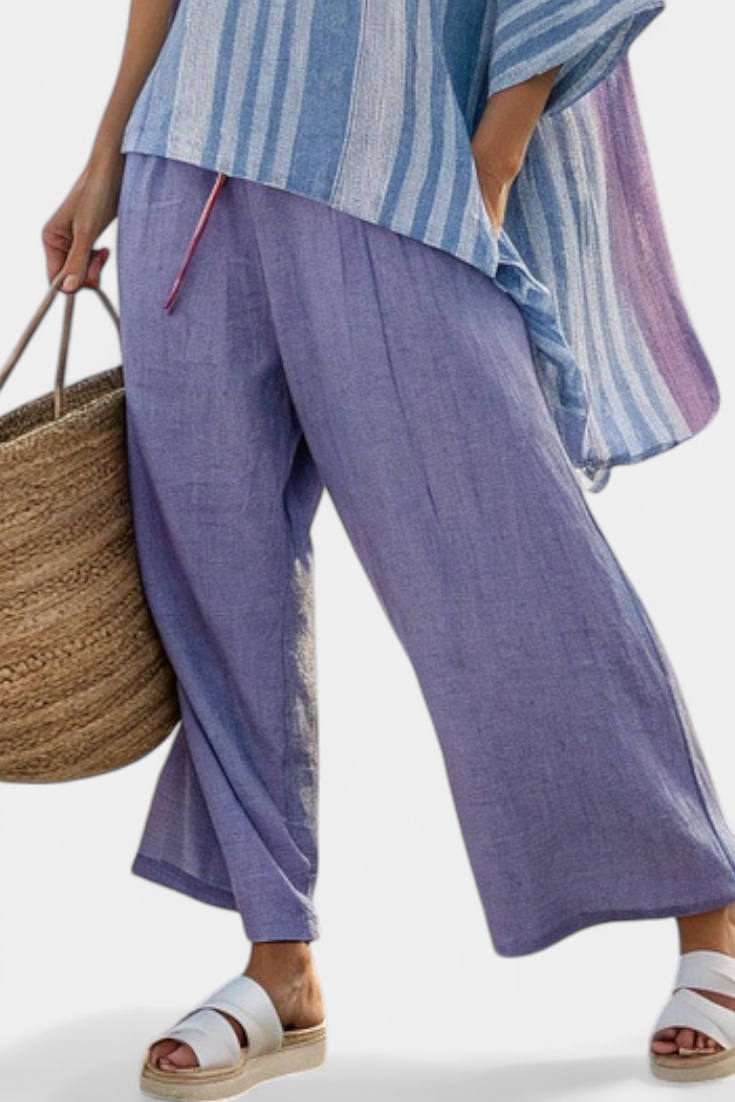 Veronica – elegant top in lavender and sky blue with linen pants