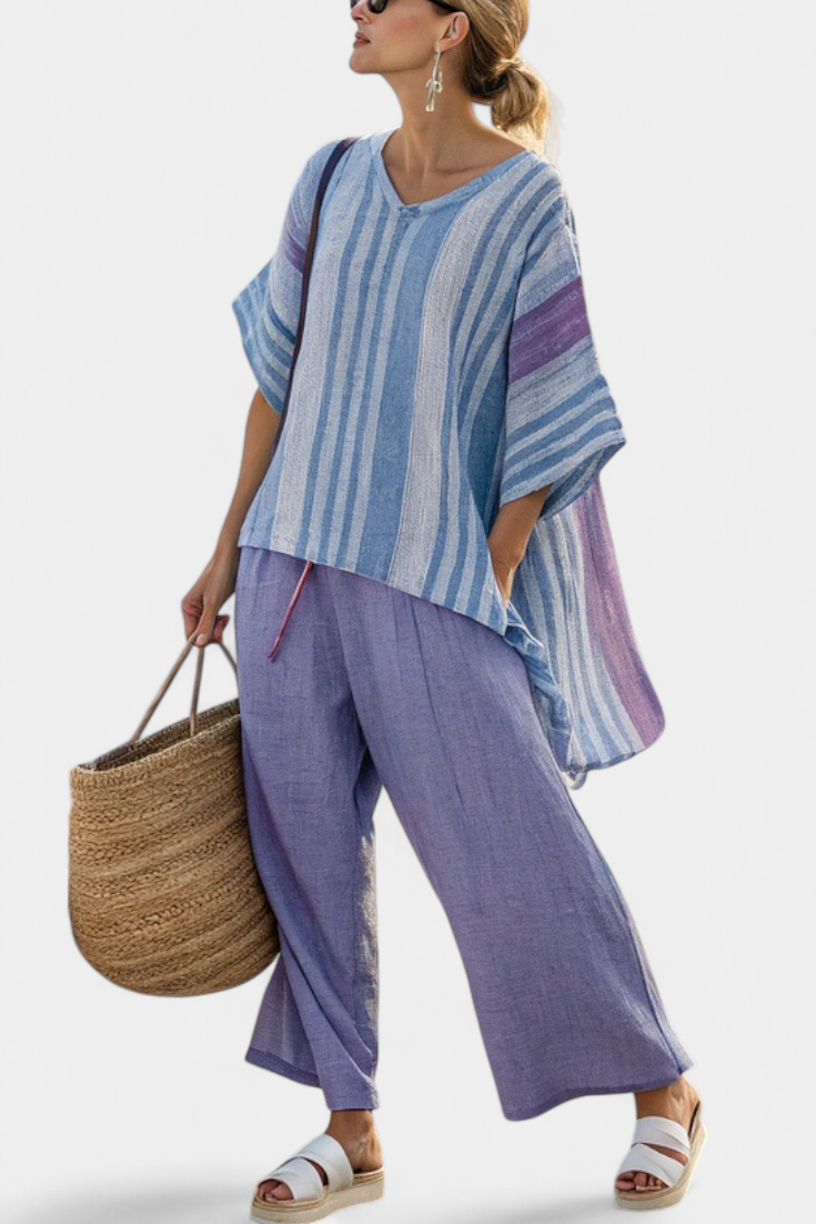 Veronica – elegant top in lavender and sky blue with linen pants