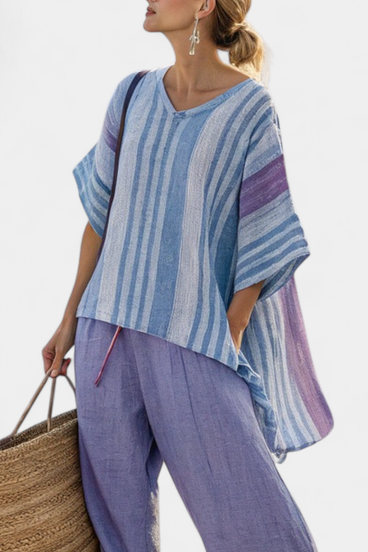 Veronica – elegant top in lavender and sky blue with linen pants