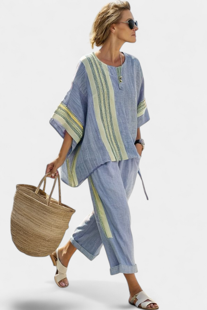 Veronica – elegant lavender top and mustard striped pants