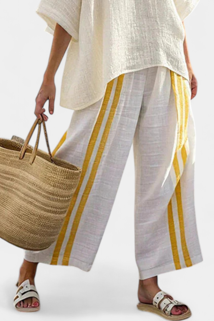 Veronica – elegant yellow striped linen top and wide-leg pants