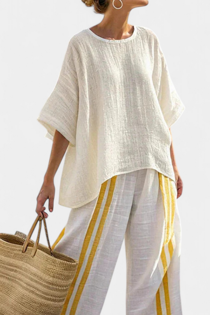Veronica – elegant yellow striped linen top and wide-leg pants