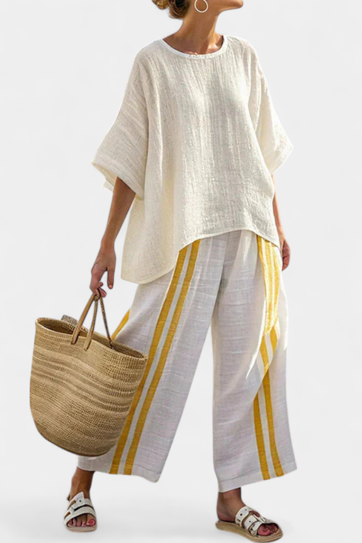 Veronica – elegant yellow striped linen top and wide-leg pants
