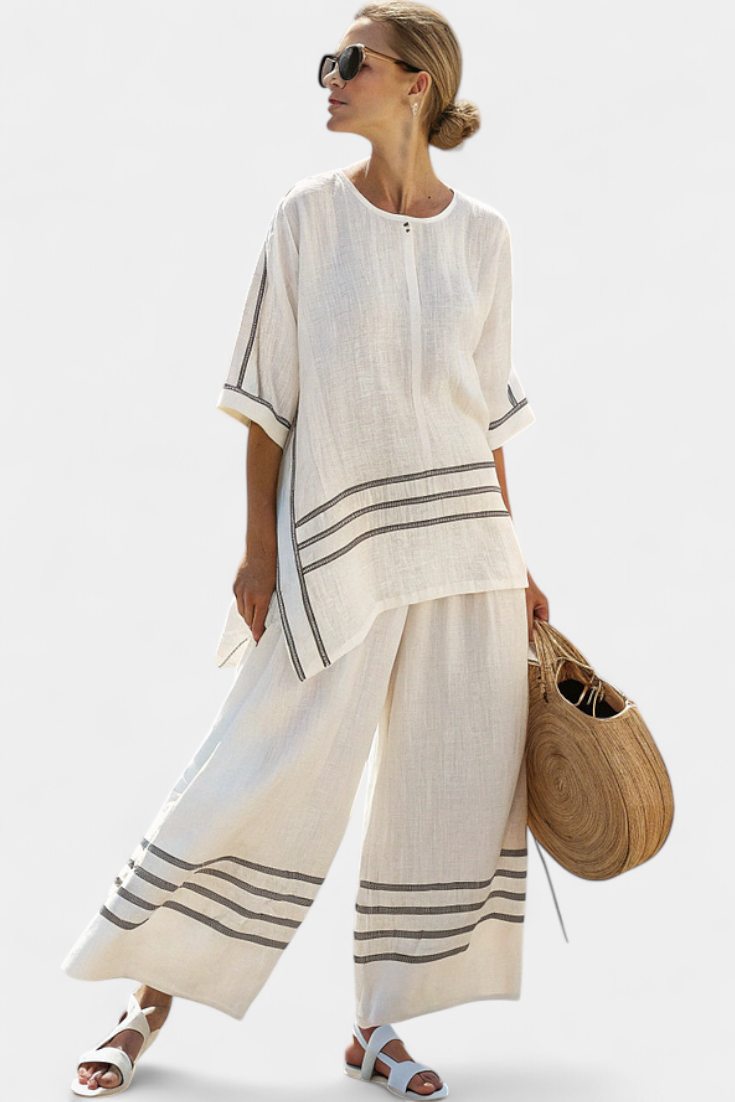 Veronica – sophisticated striped asymmetric top and bold pants