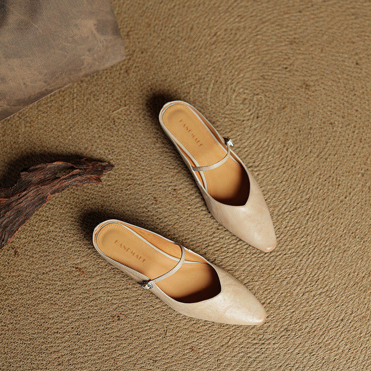 Women's Leather Pointed Toe Slip-On Mule Flats Strap