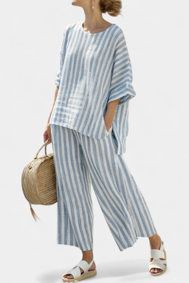 Veronica – sophisticated blue striped linen top and relaxed pants