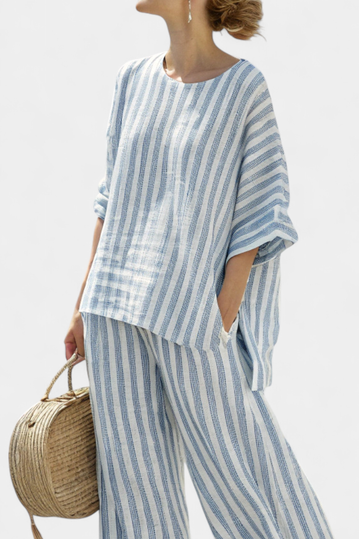Veronica – sophisticated blue striped linen top and relaxed pants