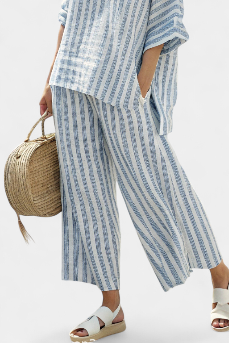Veronica – sophisticated blue striped linen top and relaxed pants