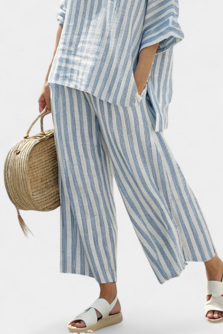 Veronica – sophisticated blue striped linen top and relaxed pants