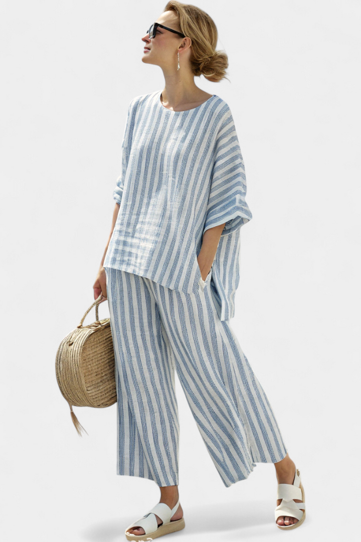 Veronica – sophisticated blue striped linen top and relaxed pants