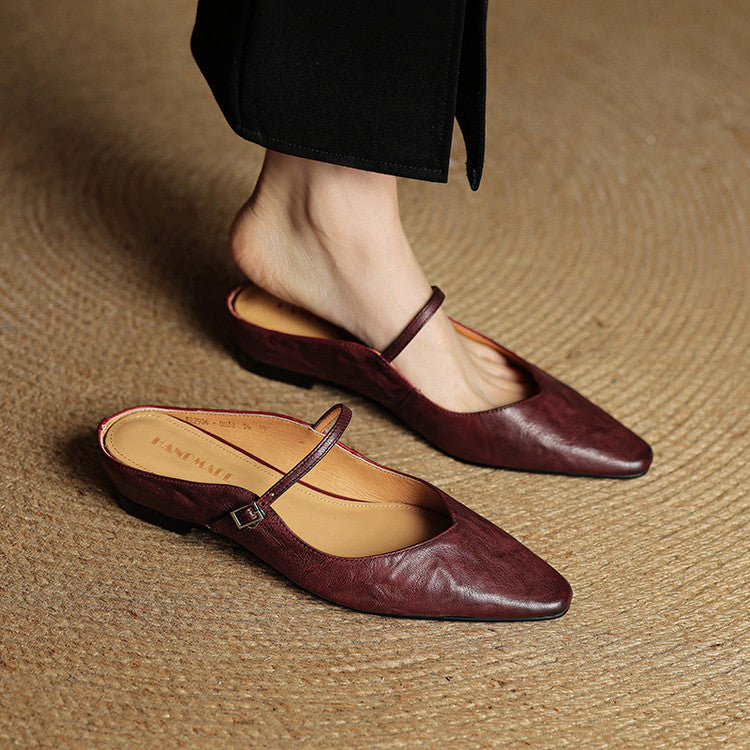 Women's Leather Pointed Toe Slip-On Mule Flats Strap