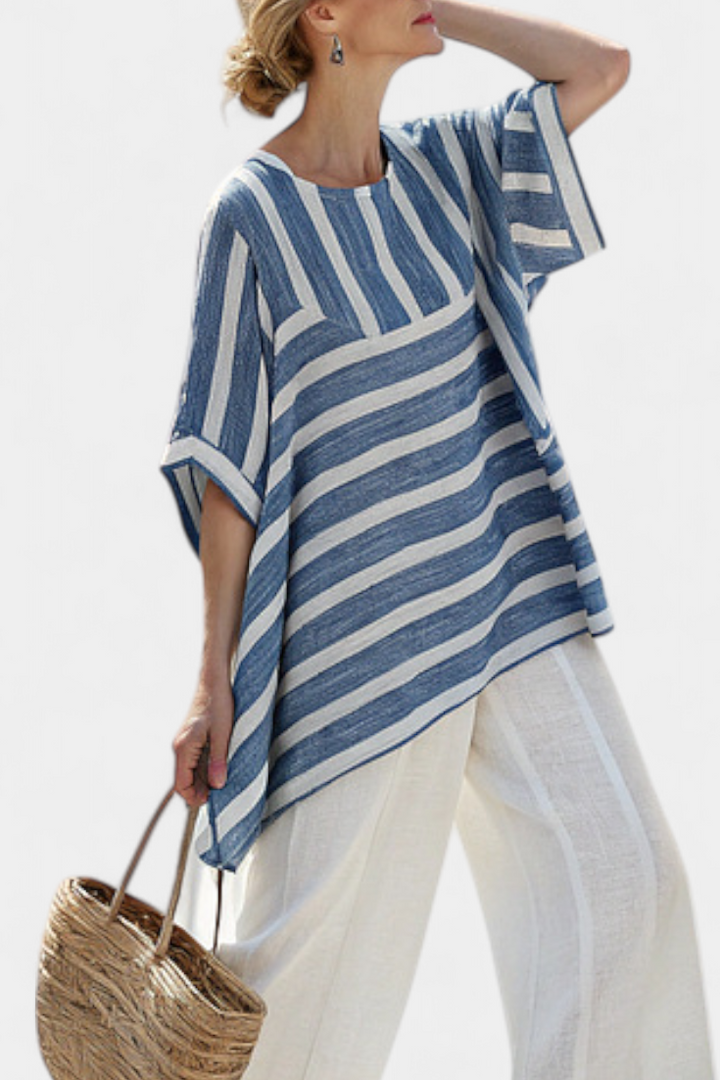 Veronica – sophisticated blue striped top and pants with details at the hem
