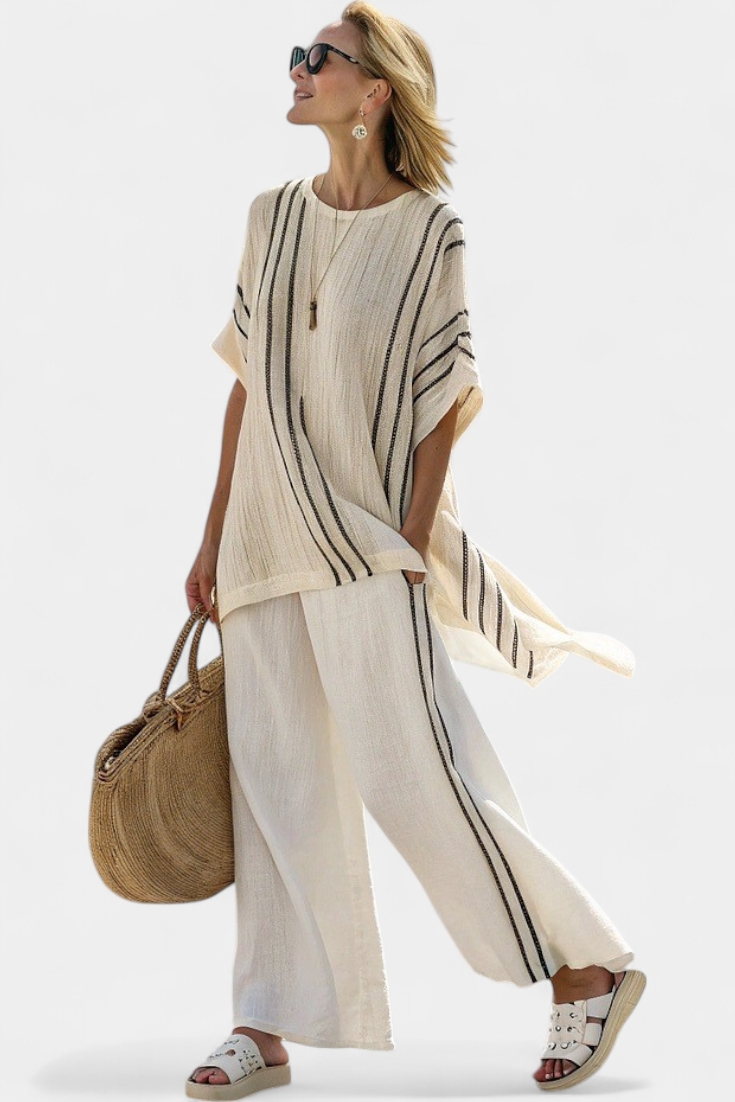 Veronica – elegant ivory linen blouse and black striped pants