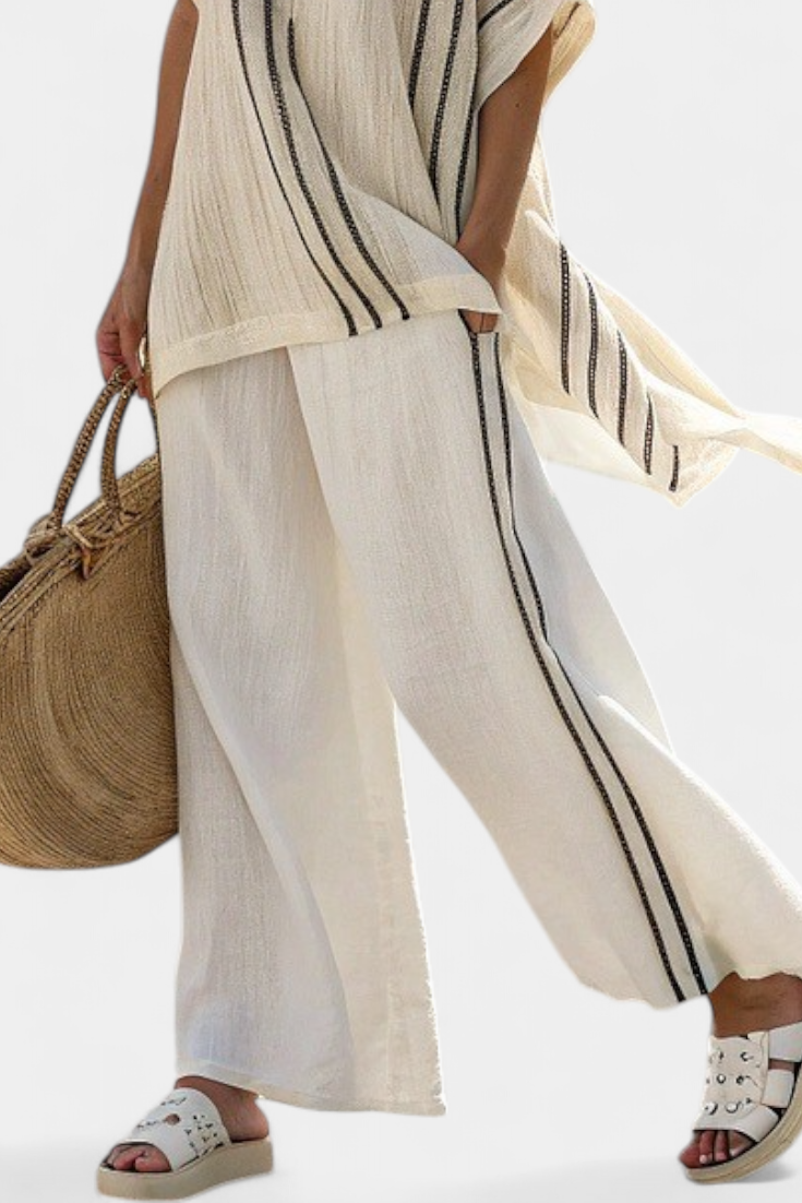 Veronica – elegant ivory linen blouse and black striped pants