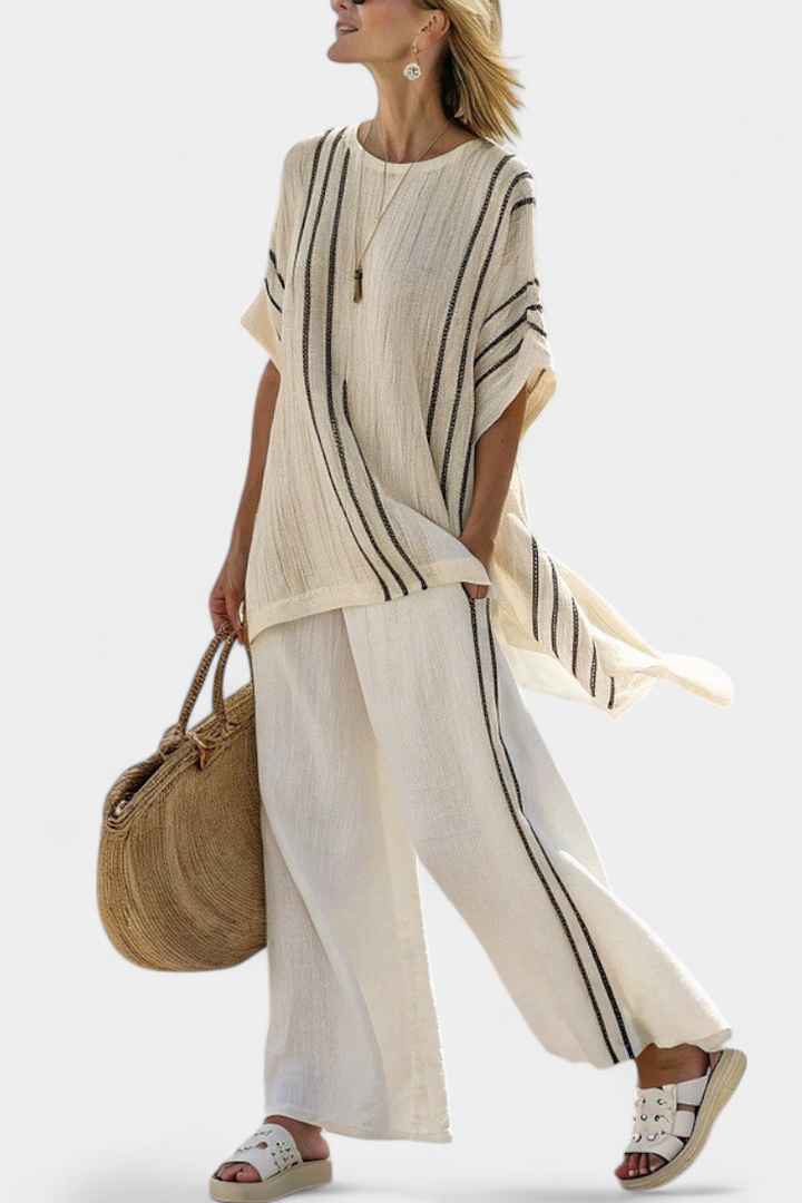 Veronica – elegant ivory linen blouse and black striped pants