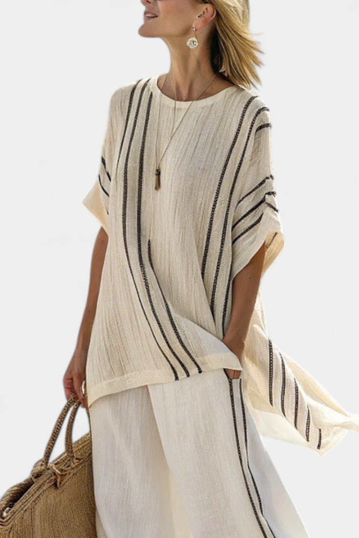 Veronica – elegant ivory linen blouse and black striped pants