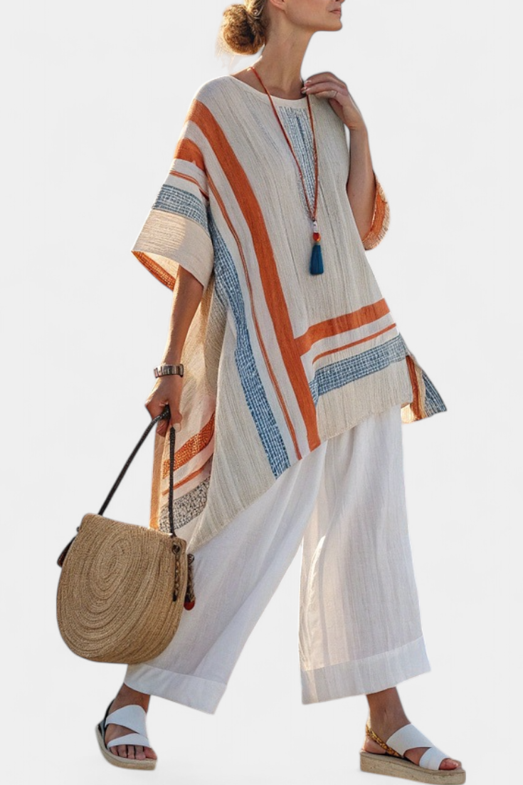 Veronica – Sophisticated Asymmetrical Blouse and Wide-Leg Linen Pants